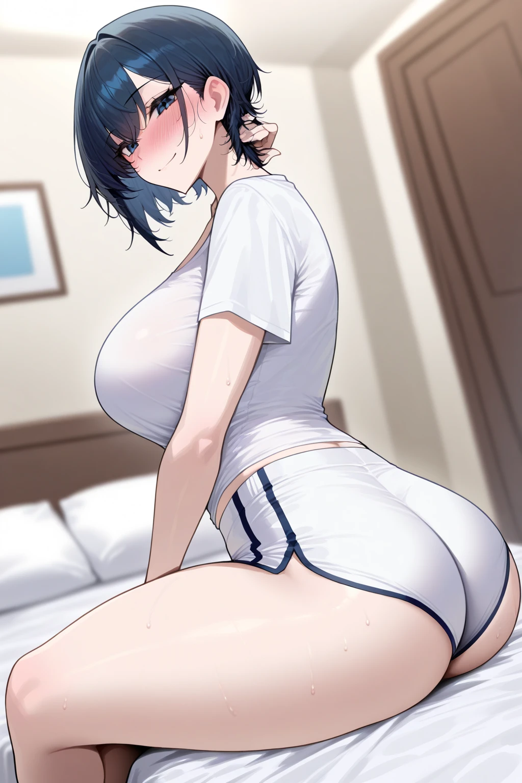 (a closeup、16 K、top-quality、high detailing、rich skin detail、nffsw)、(NSFW)、Watch everywhere、obedience、a matural female、:o、Surprised、Wavy mouth、((very Bigger breasts))、Parted bangs、(Officelady)、White open shirt、Black Pencil Skirt、((PINK Underwear))、White knee socks、brown haired、Brown-eyed、(short-hair)、((Forehead))、blushed、(((big butts)))、(thick thighs)、Bedrooms、Lying in bed