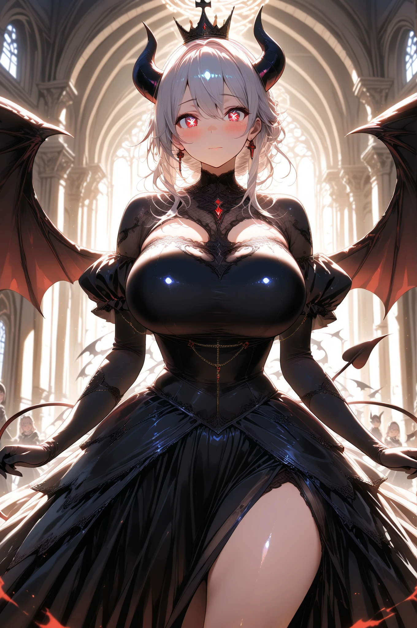 (16k), (highest quality:1.2), (Very detailed:1.2), ((Anime Style)), (figure:1.2), (Concept Art:1.2), (texture:0.5),
break
(Beautiful woman detail:1.1), (sheep devil horns:1.4), (The presence of bat wings on the back), (Red eyes:1.3), bangs, Hair between the eyes, (Adult), ((Silver Hair)), (Long Hair), (Big Breasts:1.4), plump, Curvy,
break
(masterpiece background), Outdoor, In the middle of the cemetery, (The entrance to hell opened behind me:1.4), Ominous dark clouds, (Flames at your feet:1.3), Fantasy medieval world, horns curved elegantly, Fascinating, Reflection of light, Ancient symbols, Tattered Black Wings, Mysterious glow, 苔むした古いGravestoneの細部まで再現, Dilapidated chapel, far, Rusty iron gate, Gnarled wood, Twisted branches, Silhouetted against a fiery sky, Cast long shadows, Gravestone, Uneven ground, Creeping Fog, Glowing Embers, Eerie Glow, Intense surrounding atmosphere, Disturbing winds, (Night creatures, Hidden in the Dark, From the entrance to hell, Sparkling eyes, An ominous energy emanates), jagged rocks, Framing Portal,
break
(Dontan Dress:1.4), (Dongtan Style), elegant, Exquisite Jewelry, Adorned with black jewels, Accessorized with gold spider-shaped jewelry and stiletto heel shoes.,
break
stylish hairstyle with twisted horns emerging from the tresses., eyes of Fascinating ruby gleaming with otherworldly allure., 彼女の唇にはいたずらっぽくもFascinating笑みが浮かんでいる., Seductive posture, Browsing Caution, (Depth), (Depth of written boundary), (Cowboy Shot), Face close-up, Upper Body, Subjective and from below, Detailed face, Enryom, stomach, Face Focus, Shining Face, Open your mouth, (tooth:1.3), (Open your wings:1.4)