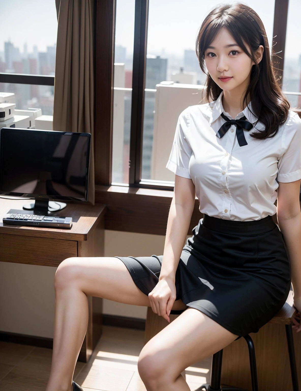 nsfw, (best quality, masterpiece, UHD, ultra detailed, photorealistic:1.4), 1 erotic girl, (show panties), focused crotch, [sweaty glowing skin], slender, on desk in cluttered office, collared shirt, micro skirt, spread legs wide, impossibly ultimate very tiny micro panties with bright colors and cute patterns, arms behind body, mouth half open, smile, short hair,