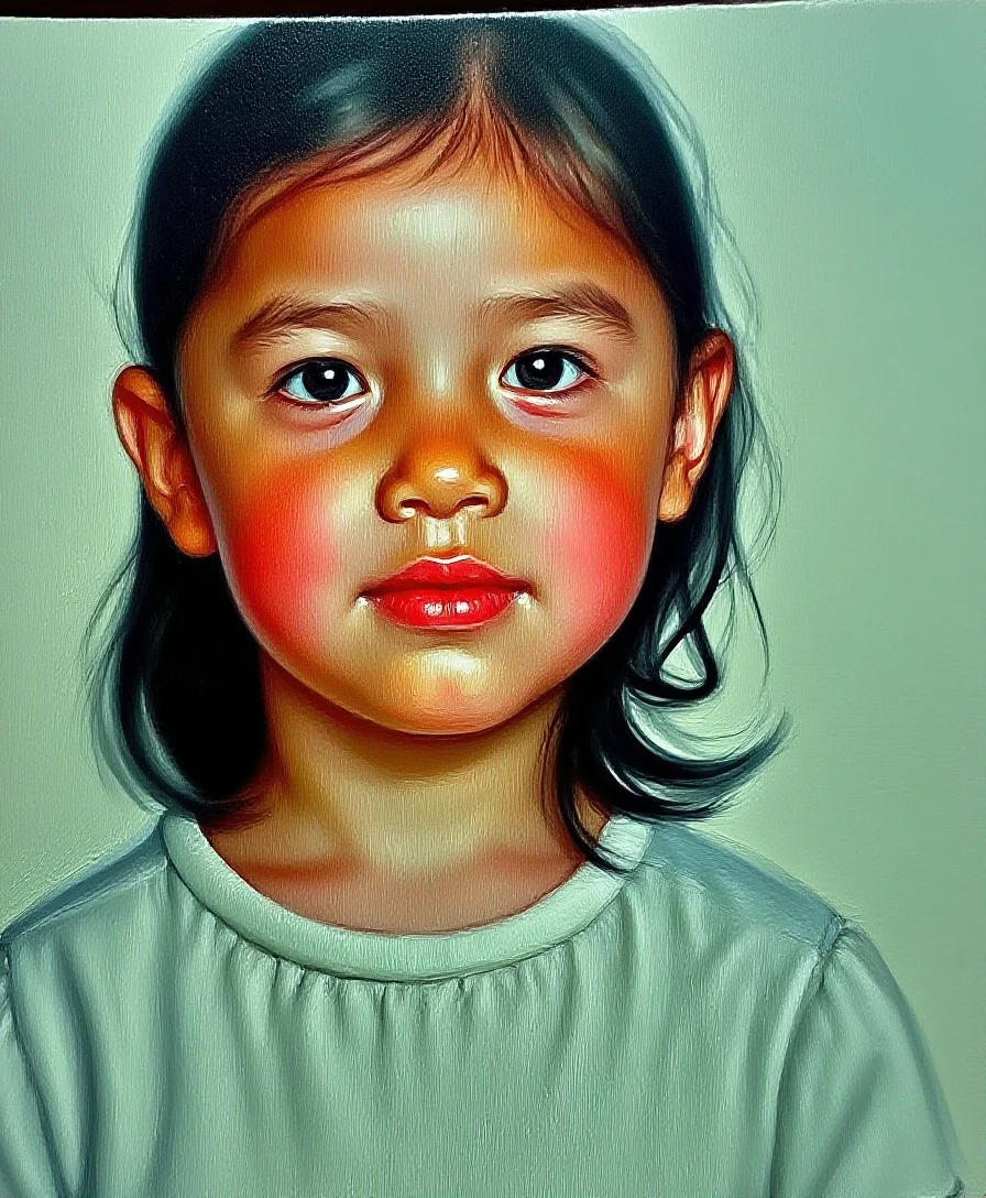 Generate a image of a young girl, 2 years old, from Vietnam, has a pumpkin sticker,with Vietnam features, realistic city background, best quality, real, well detailed, hyper-realistic