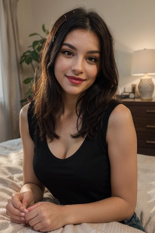 Smiling woman with dark hair and black top lying on the bed, with long hair and piercing eyes, very very low quality picture, com Cabello Pretoliso, Lewd smile, she is smiling, smiling as a queen of fairies, she is in pure happiness, relaxing and smiling at camera, with long black hair, black hair and large eyes, very slightly smiling