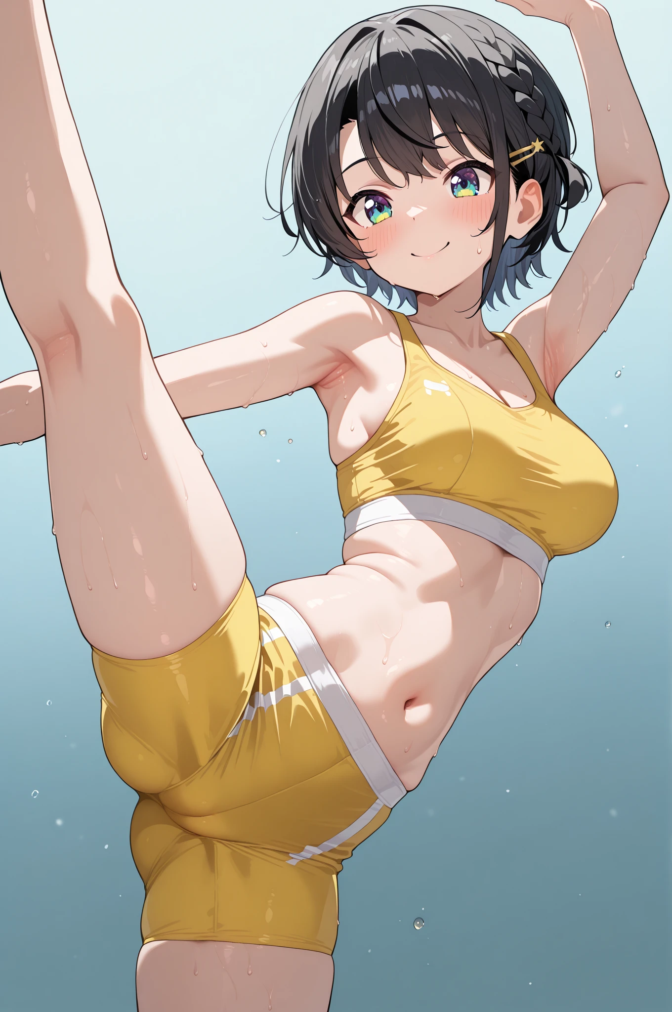 (Original Character、Unity 16K Wallpaper, Masterpiece, Best Quality, Ultra-Detailed, Extremely Detailed CG, Cinematic Lighting, Detailed, Beautiful Detailed Eyes, solo), Ultra High Resolution, fine skin, track and field, shiny skin, smile, from front:1.2、(sexy women)、Arena、full body shot、lean back, hands behind the back, tank top, bikini bottom, show belly, show cleavage, legs open, open legs, camel toe, legs apart, show neck, sunny day、cowboy shot, short hair、sit on the ground, view from low angle, slim waist, wider hips