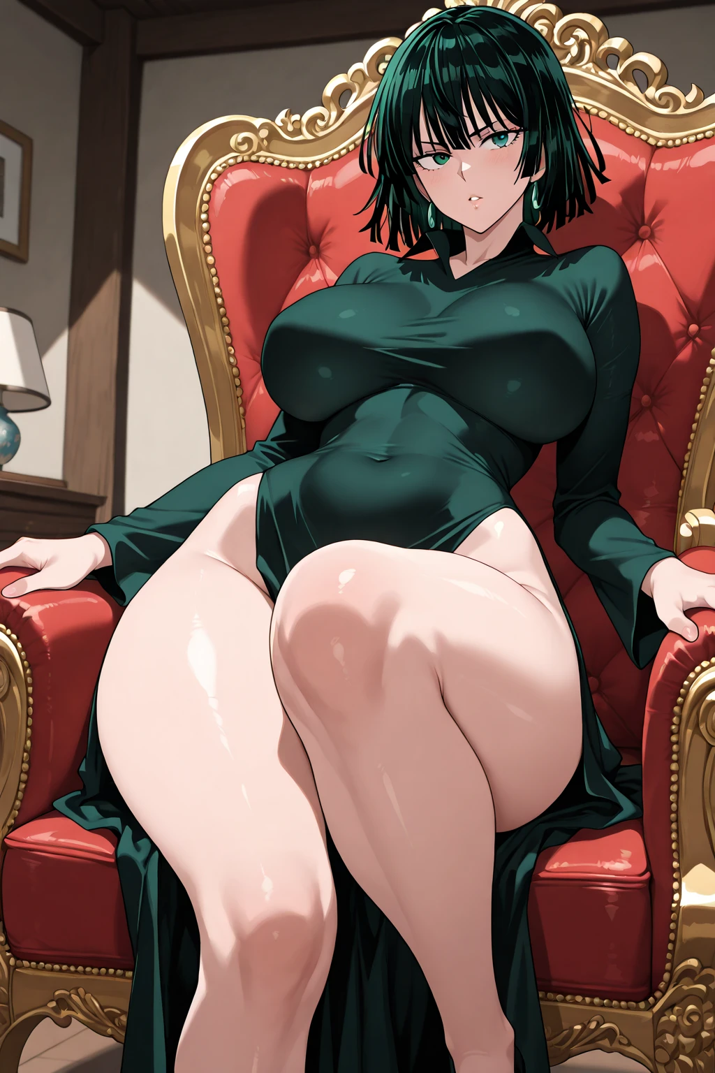 (Best Quality, Masterpiece),sexy mommy,  erotic, 18+, nsfw, 1girl, 30 years old, Contempt, pride, hourglass figure, short black hair,green detailed sparkling eyes, ((spreading legs)), (((nude, masturbation, nipples, pussy)))