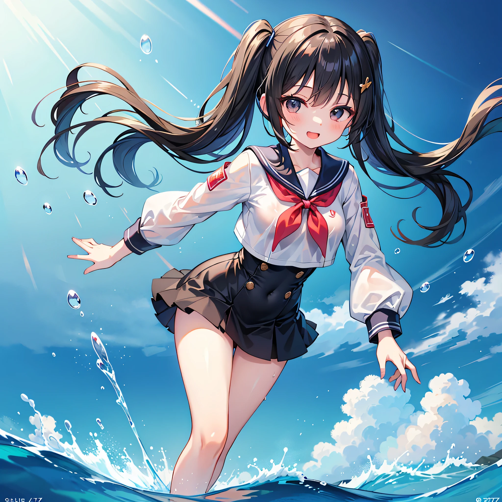 best quality, twin tails, ultra high res, 1girl, full body, bare shoulders, half body under water,cinematic angle,from behind,thigh gap,cleavage,revealing,see-through,professional lighting,thighhighs,sailor collar,necklace,