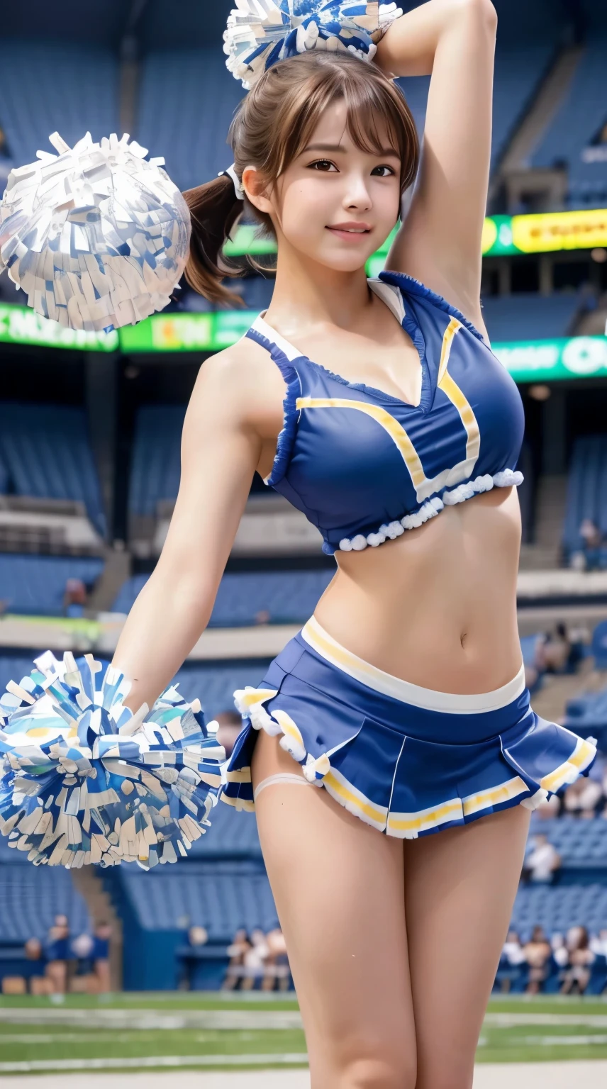 (((highest quality、8k、photo-realistic:1.4、masterpiece)))、Backlight、Woman with highly detailed facial texture、18-year-old、(((Blue Cheerleader:1.2)))、((stadium background:1.2))、with arms raised、laughter、Shiny blonde hair and short hairstyle、blonde。short hair。divided sleeves, bare shoulders, central opening, cleavage, central chest,Crouching cowgirl position、ribbon。twin tails。kneel down
