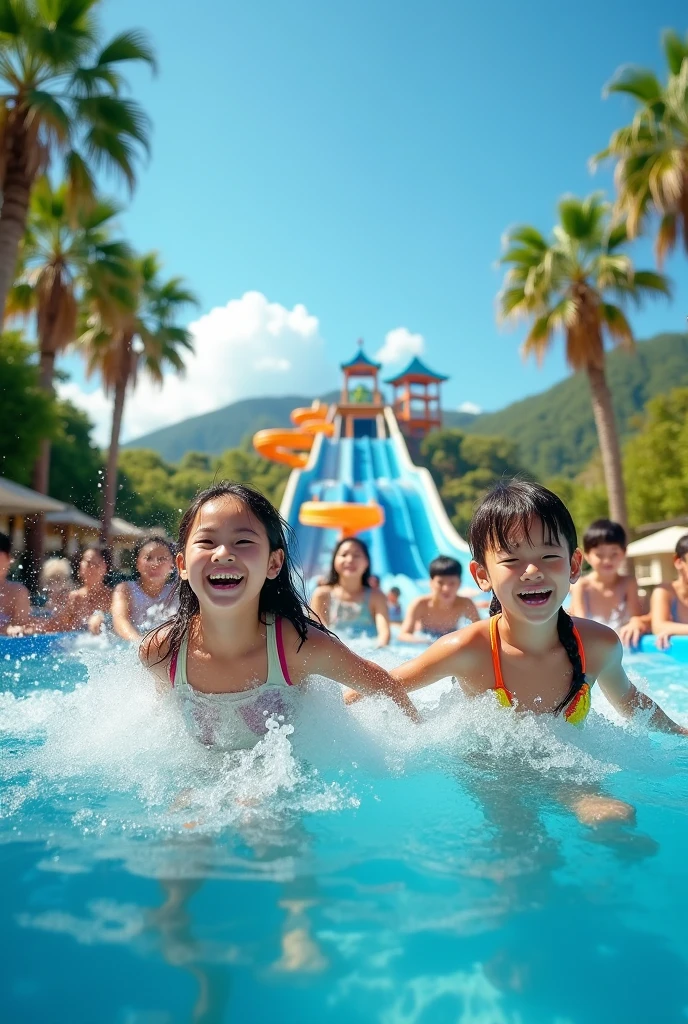 Dad happily play with Childs on waterpark --auto --s2