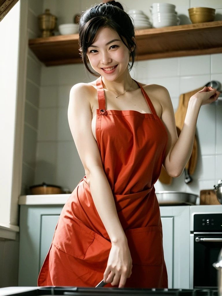 Gentle and virtuous China、Japanese Beauty,short hair、Wearing an orange apron in the kitchen,Hold a spatula,Charming smile、Big breasts、Double eyelids,Focus、High Definition