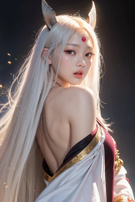 face lighting,bright backlight,super high resolution,best quality,Photos,4k,(Realistic:1.2),huiye,1girl,(the third eye:1.3),horns,(pale skin:1.4),(white hair:1.2),long hair,night,(red moon:1.2),sit,big breast,sexy bra,