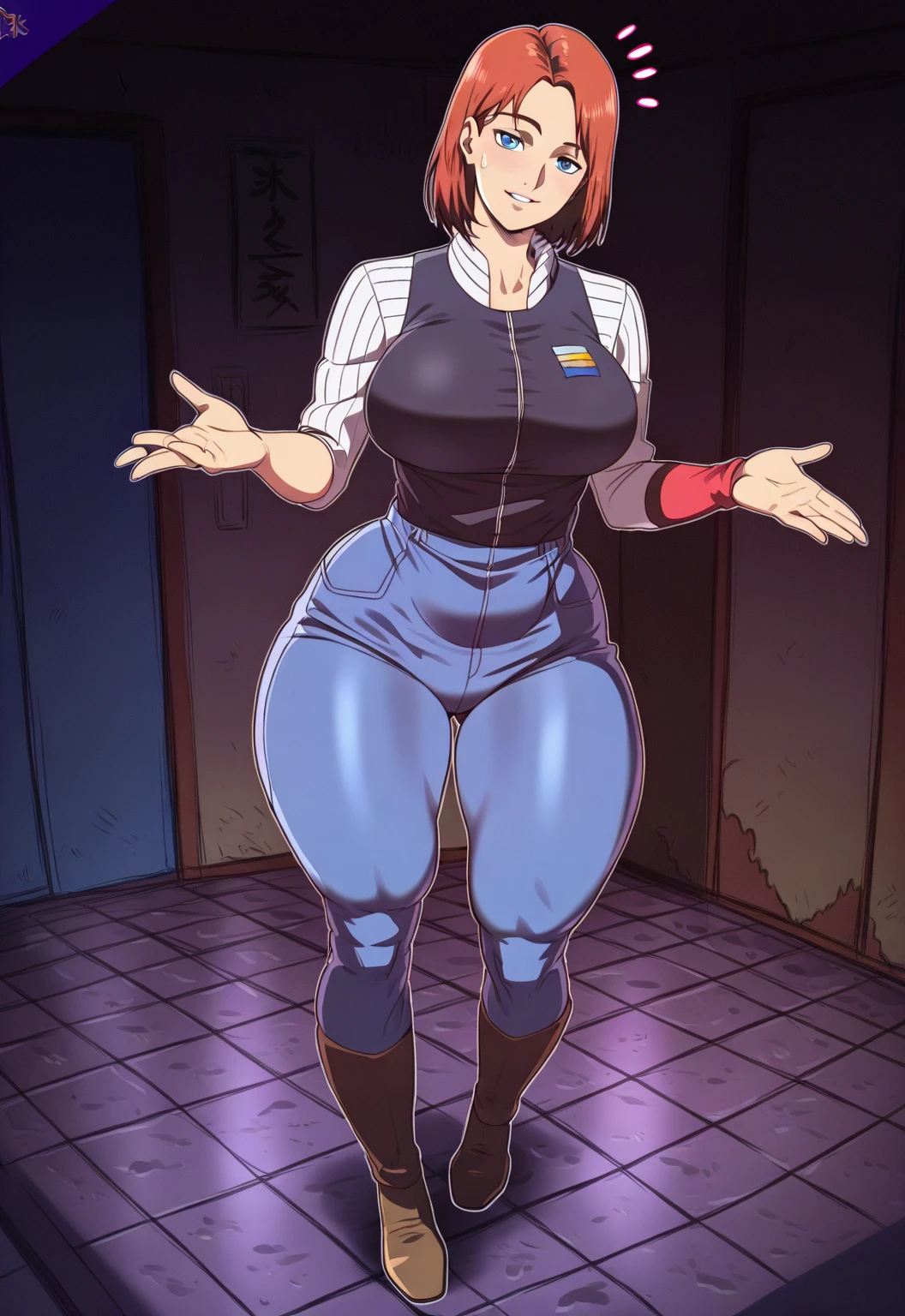 (masterpiece, best quality:1.4), (standing:1.5), 1girl, solo, sfa chun, blue vest, unitard, blue pants, skintight, yellow ribbon, short hair, sneakers, bare shoulders, (european youth woman:1), looking at viewer, beautifull smile, beautiful face, highly detailed face, highly detailed eyes, subsurface scattering, realistic pupils, full face blush, full lips, detailed background, depth of field, volumetric lighting, sharp focus, absurdres, realistic proportions, (realistic, hyperrealistic:1.4), 16k hdr, from behind, thicc booty, leaning forward, bent over, hands touching floor, touching ground, stretching, sport, lewd