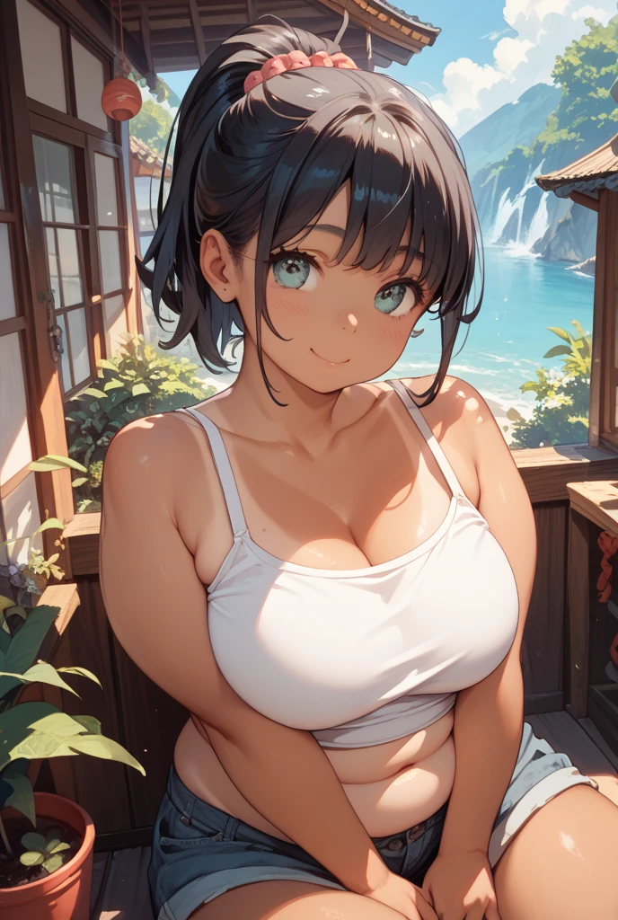 Big breasts, she's a Milf ((busty beautiful tanned, 35 years old)), ((short black hair in natural punk style, voluminous side bangs, hair band, Happineslack bracelet on wrist)), perfect doubles, light eyes, detailed eyes , hyper detailed, light effect eyes, planned irises, with incredible breasts and perfect waist, and an extremely sensual body, ((Sporty blue top, white and red sweatpants, stylish and cool)), ((round breasts))) , beautiful heavy makeup, cleavage, ((masterpiece, hyper realistic, hyper detailed, best quality, 16k, light and shadow effect on the skin, vivid colors)), eyeliner, passionate expression, perfect parted lips, innocent and sexy face , she is sassy, mischievous smile ((skin with light and shadow), beautifully seductive, ((she is dark skin beautiful)) exercise pose, flirting with the viewer, in variable sensual pose, beautifully seductive outdoors doing exercise squats, trees, lawn, ((hands behind head))