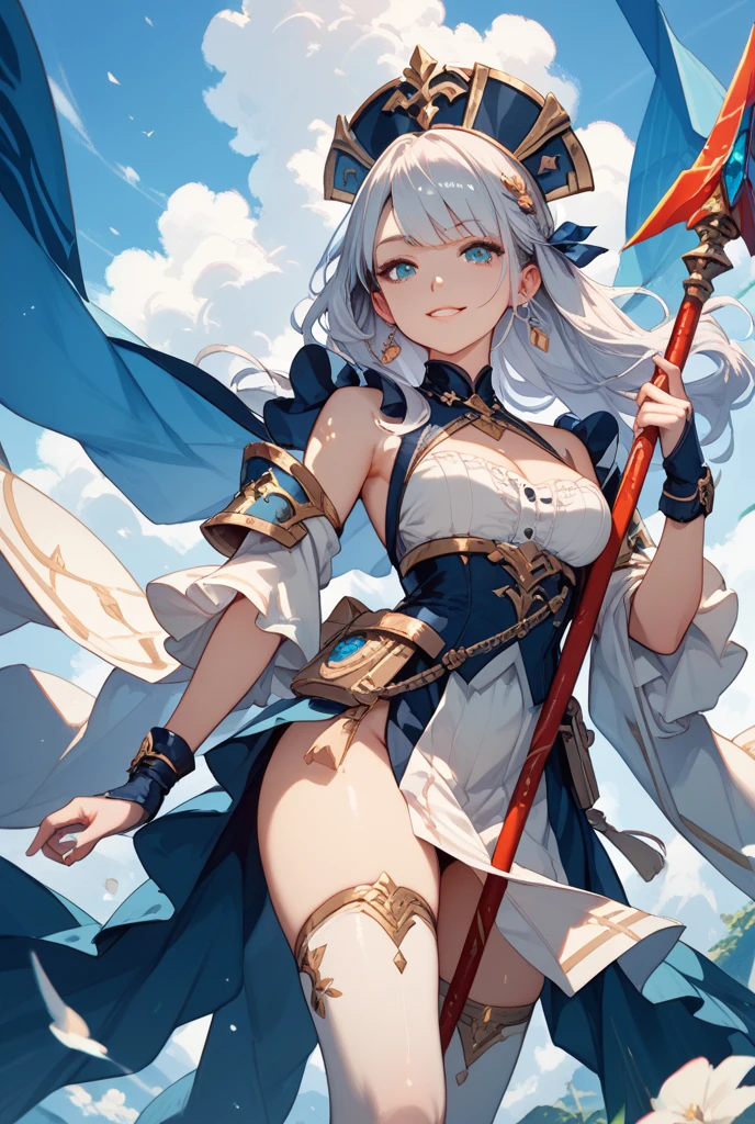 "Generate a graceful woman with green eyes and radiant white hair, soaring through the skies with cute white horn. She is dressed in light-armor and is surrounded by a cloud."