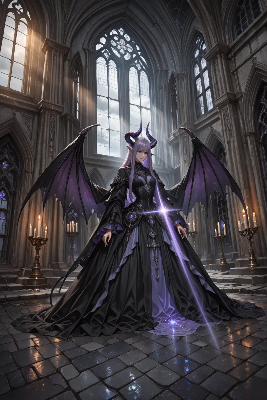 gloomy castle, Hordes of armed angels surround the sky above the castle、Lightning clouds, Atmospheric lightning, Pink lightning, With thunderstorms, Dramatic purple lightning, Dark storm with lightning, Lightning in the sky,Rough skies、Female vampire looking up at the sky、Black Gothic Dress、Red moon peeking through the clouds、Angels are flying in the sky、The vampire glares at the angel from the ground、wide Shots、small tits、Demagogic smile、Sharp and long Double tooth、