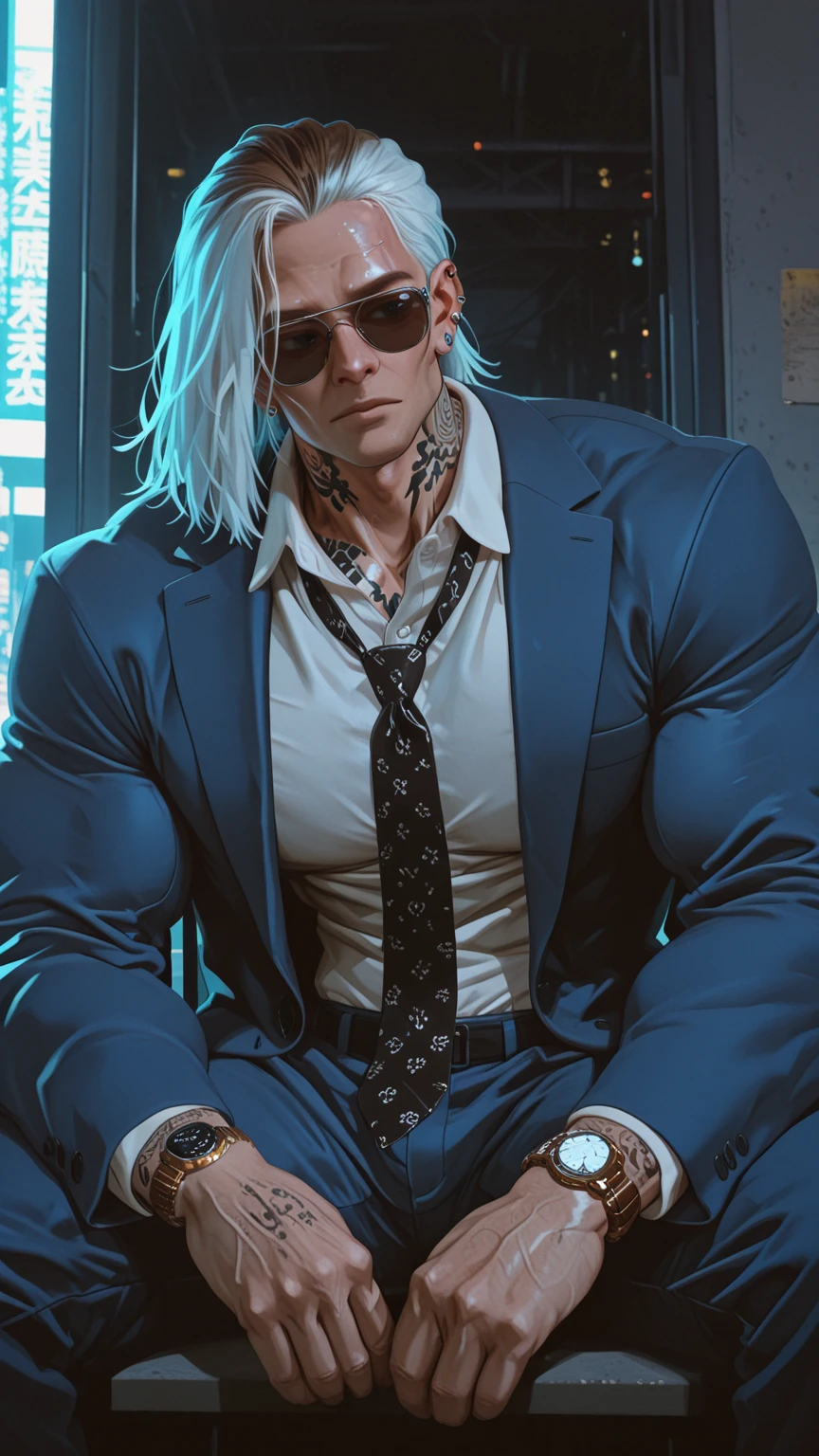 ((Man 2, tall and muscular, 1,80 m, 87 kg, with short blond hair and piercing blue eyes)), (((wearing a black t-shirt with a white jacket and jeans))), (((serious look that inspires confidence))), (((sitting inside a tavern))),