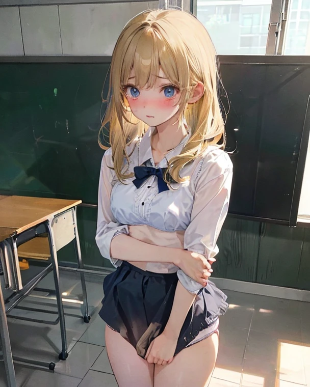 akizuki airi. oni chichi, masterpiece, highest quality, Very detailed, figure, Flat Color, Depth of written boundary, , , 1 girl, young, anime, Returning Home, full length, blonde, Twin tails, Looking at the audience, red pleated mini skirt, Wet white button-down shirt, , serafuku, Blue tie, No bra, black tights, Small backpack, Fine leather texture, Detailed fabric texture, Beautifully detailed face, blue eyes, A light smile, Pink Panties