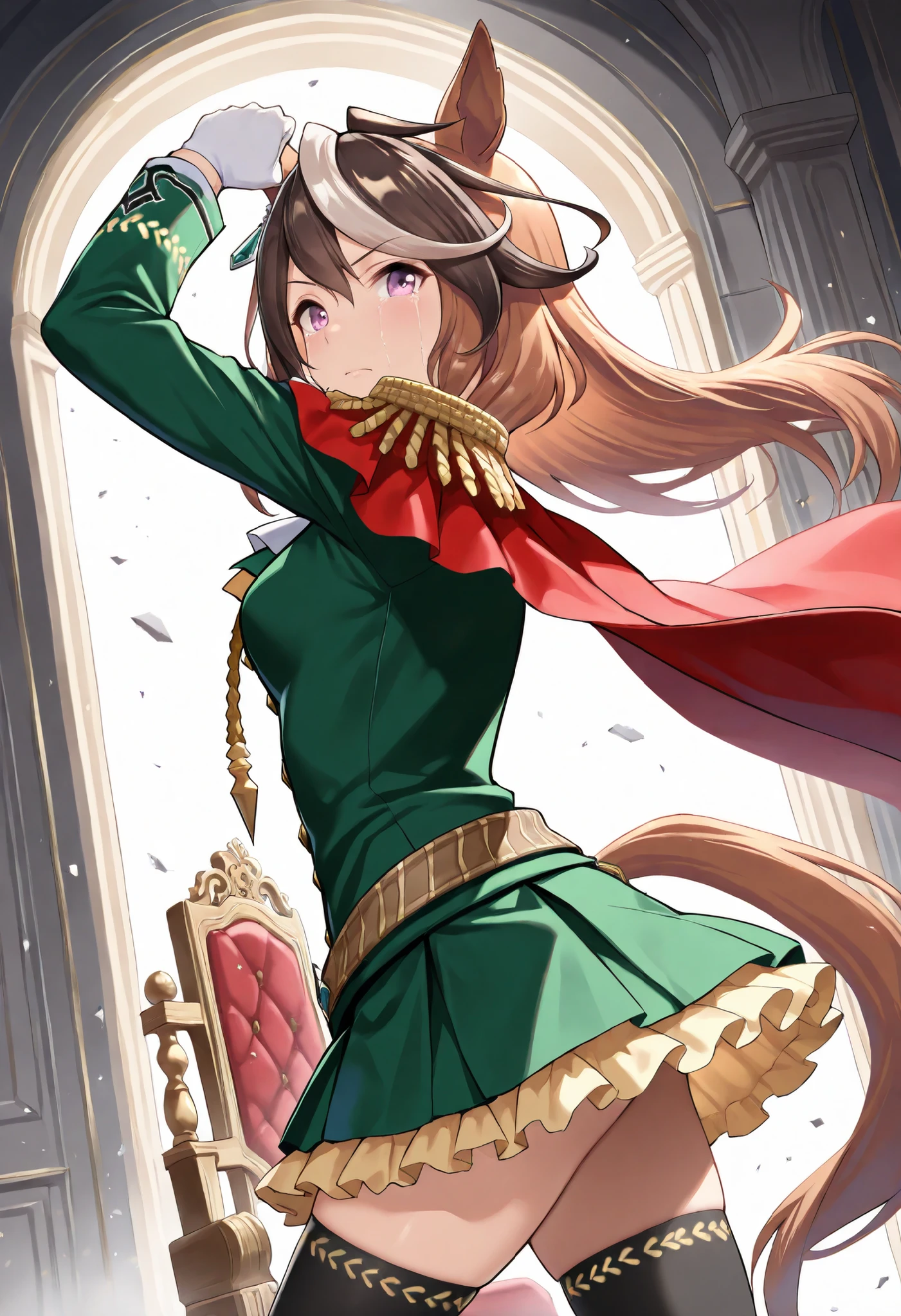 (masterpiece, best quality, perfect face:1.4), wide angle, symboli rudolf \(umamusume\), 1girl, floating hair, brown hair, long hair, multicolored hair, horse ears, ear ornament, horse tail, tail on the lower back, proportional body, proportional, beautiful hair, beautiful face, beautiful detailed eyes, beautiful clavicle, beautiful body, beautiful chest, beautiful thigh, beautiful legs, beautiful fingers, looking at viewer, BREAK, epaulettes, single epaulette, black thighhighs, long sleeves, from side, white gloves, aiguillette, green jacket,, yellow frilled green skirt, red side cape, brown belt,BREAK, standing in front of the throne, standing up, arms raised high, fist raised to the sky, BREAK, joyful expression, face almost crying with emotion, textured skin, realistic skin, HDR, BREAK, good hands,