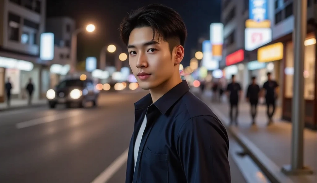 Masterpiece, Highest quality, realistic, A boy., adult man, Strongly built, The neck has a notch., the best, In the bustling city center at night