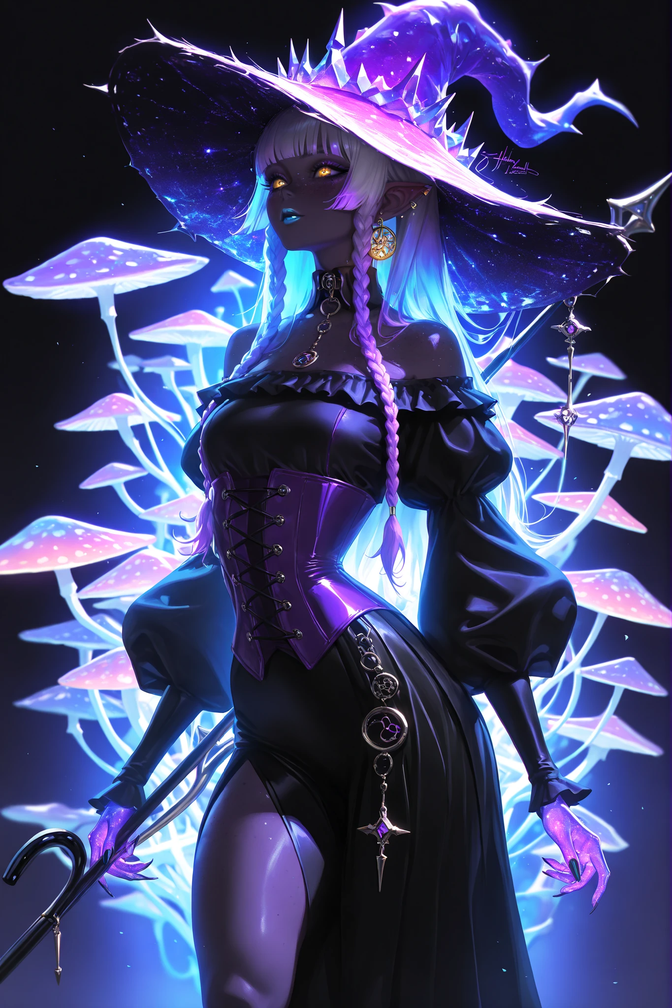 xxx667_illu,(tangobat:0.7),(Sakimichan:0.7),(High CT quality,4k,High resolution,main piece:2.3),(Very detailed,Realistic:1.37,Best quality,masterpiece, high resolution,on_body), (Tyndall effect,photorealistic, Edge lighting, Two-color lighting),(high definition skin:2.3), (8K UHD, DSLR quality, soft lighting, high quality, surround lighting, sincere, de 8K , 4K, 8K.) She has dark purple skin with freckles. she has pointy ears with gold earings. She has longest two tone TURQUOISE HAIR with dark purple highlights, her bangs are braided in sparse braids. she has yellow-amber eyes. TURQUOISE lipstick. She wears an off-the-shoulder black blouse with long black puffy sleeves, a purple corset, and a knee-length black skirt. On her head she wears a black flat wide-brimmed hat with lace. She holds a black cane with an amethyst in her hands. She holds a staff with a magic amethyst stone in her hand. On the background: cave, dungeon and mushroom grove. Bioluminescent flowers are growing. lots of huge colorful mushrooms as tall as a tree. The fern is in bloom.