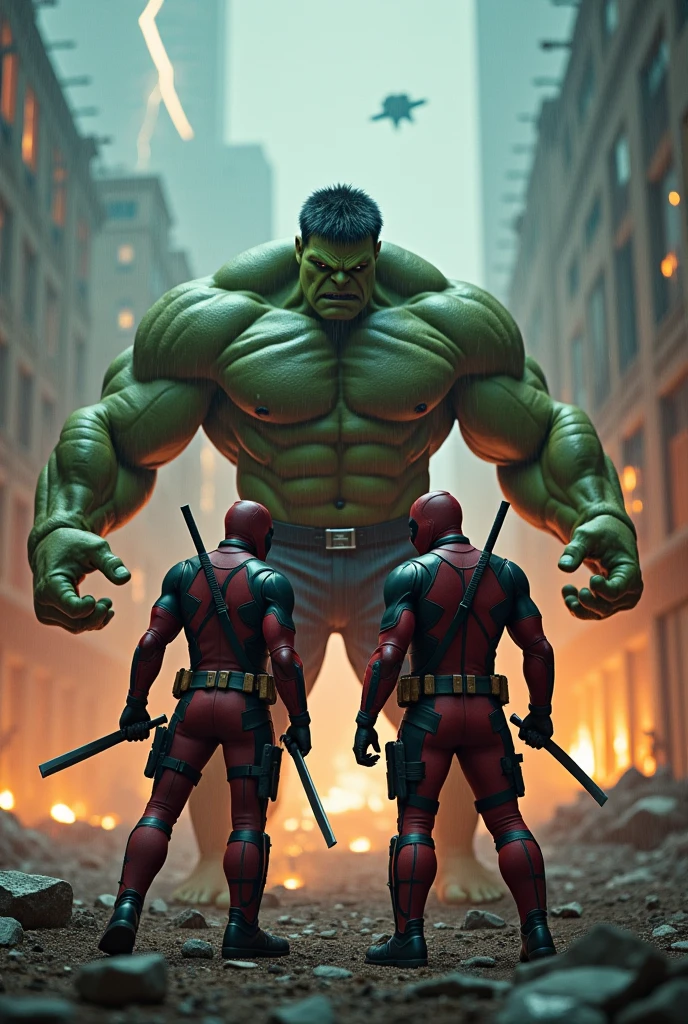 In a chaotic battlefield, Deadpool faces off against the Hulk, who towers over him like an unstoppable force of nature. Deadpool, bloodied but unyielding, stands with katanas in hand, his body healing as quickly as it’s damaged. The Hulk, mid-roar, raises a massive fist, ready to strike with earth-shattering force. Yet, in Deadpool’s eyes, there’s a glimmer of defiance and mischief, a smile hidden beneath his mask. The scene is a collision of brute strength and unbreakable spirit, captured in the moment just before impact—a testament to Deadpool's relentless will in the face of impossible odds.