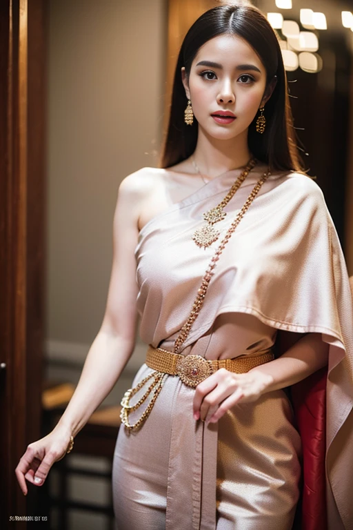 (raw photos:1.2), (realistic:1.4), (Masterpiece:1.3), (best quality:1.4), Ultra high resolution, (Detailed eyes), (Detailed facial features), (Detailed clothing features), HDR, 8K resolution, Focus only, Dressing according to Thai tradition, traditional shawl , 1 woman , Huge breasts, A gigantic rift, Big breasts push up clothes, big breast, fully grown breasts, Enhance your breasts to make them enormous., small waist, Long legs, Facing the audience, Full body, depth of field, Cinema-grade lighting, large breasts, An open face that cannot be completely closed