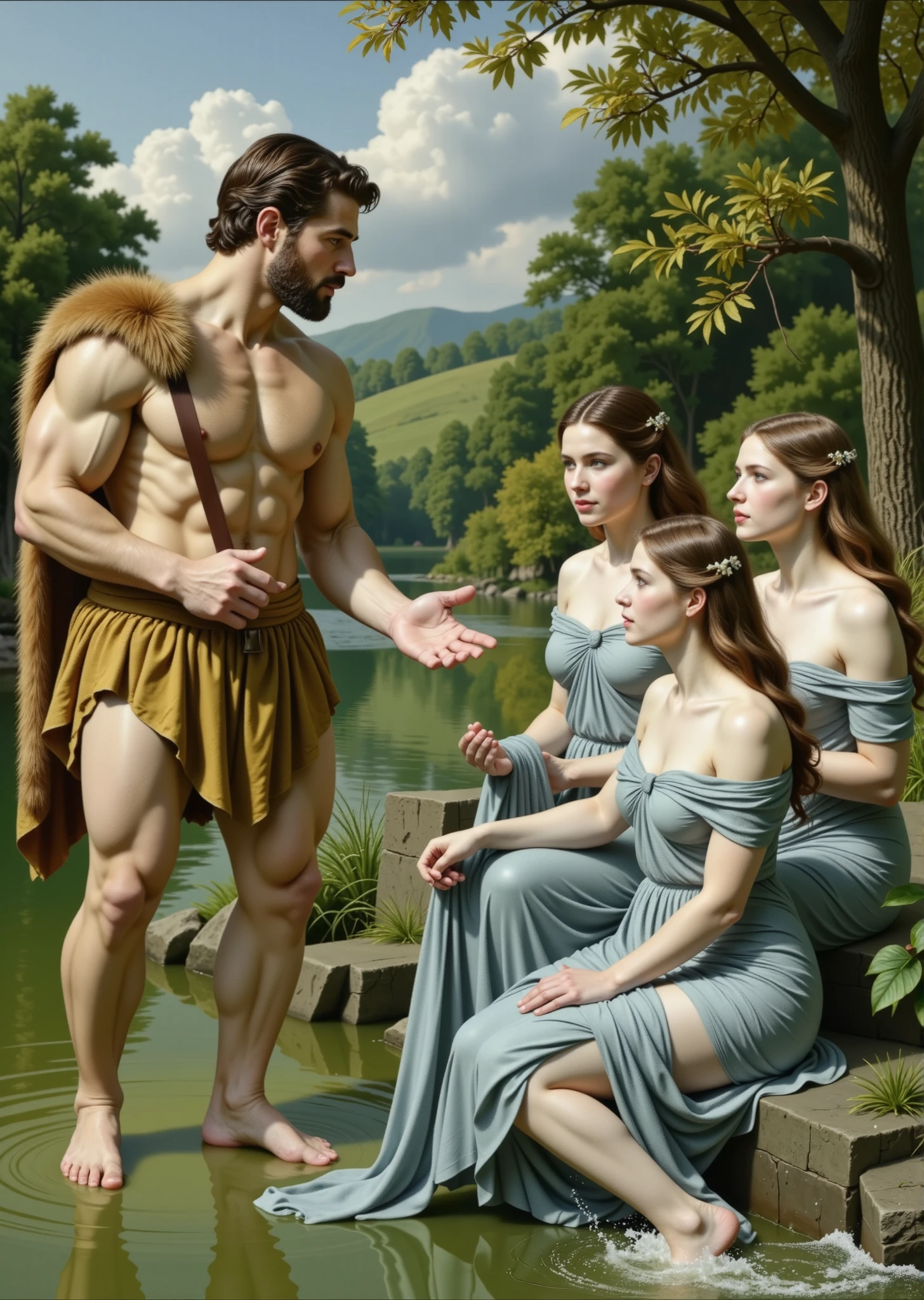 full body, naked, three females knee greek with cloak, female greek take a bath, painted of rugged zeus and queen hera, god of thunder, female greek god, white hair, masculine, mature, handsome, upper body, muscular, hairy torso, fantasy, intricate, elegant, highly detailed, digital painting, artstation, concept art, smooth, sharp focus, illustration, art by gaston bussiere and alphonse mucha, almost naked
