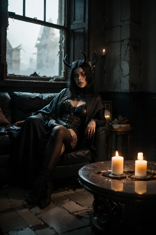 highly insanely detailed, masterpiece, top quality, best quality, highres, 4k, 8k, RAW photo, (very aesthetic, beautiful and aesthetic), (medium full shot) of (angelic demon with Sleek obsidian horns curling sharply) young woman, busty build, medium dark Faux Hawk hair, philippine, pale skin, yellow eyes, wearing Dark sorceress-inspired black robe with hood, thigh-high stockings, witchy boots, set in  Laboratory ruins, Abandoned workbenches cluttered with rusted tools and shattered glassware, flickering lights casting eerie shadows on the cracked walls, strange symbols etched into the stone floor, a lingering scent of chemical decay, at night, woman smiling, 
dark backgroundâââ