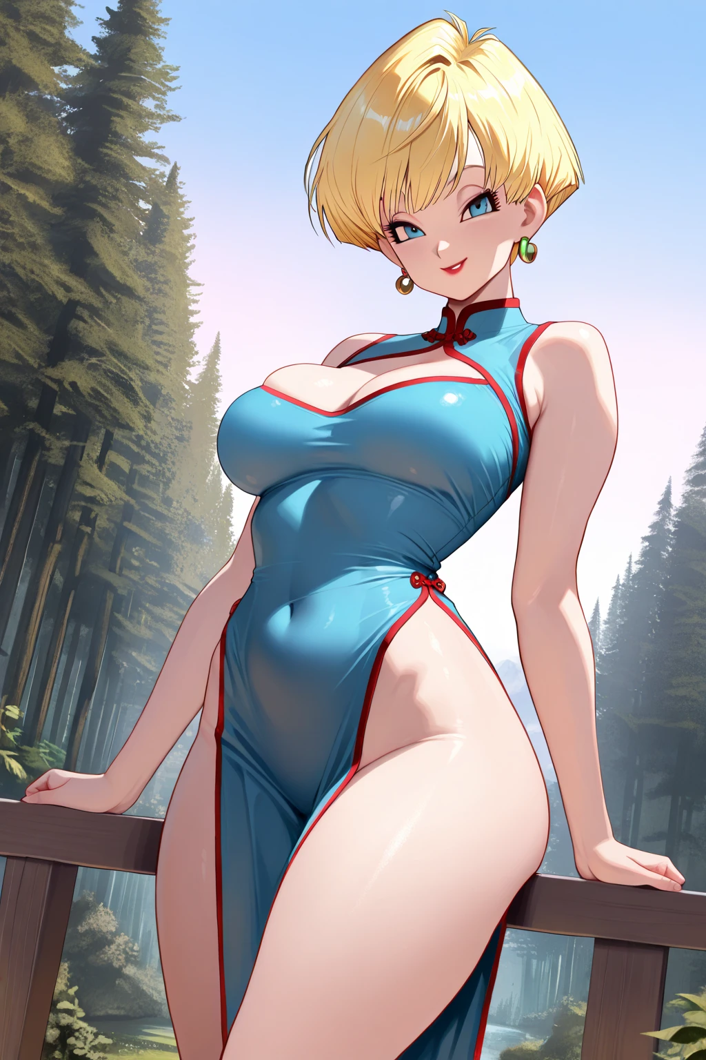 masterpiece, ((ultra detailed background, delicate pattern, intricate detail)), (highly detailed, fine details), best quality, beautiful lighting, ((medium breasts, slim girl)), MissValentine, 1girl, solo, blonde hair, jewelry, earrings, short hair, smile, dress, gloves, umbrella, hat, blue eyes, complex detailed background, blue sky, grass, trees, nature environment, (cowboy shot),  <lora:MissValentine:0.75>