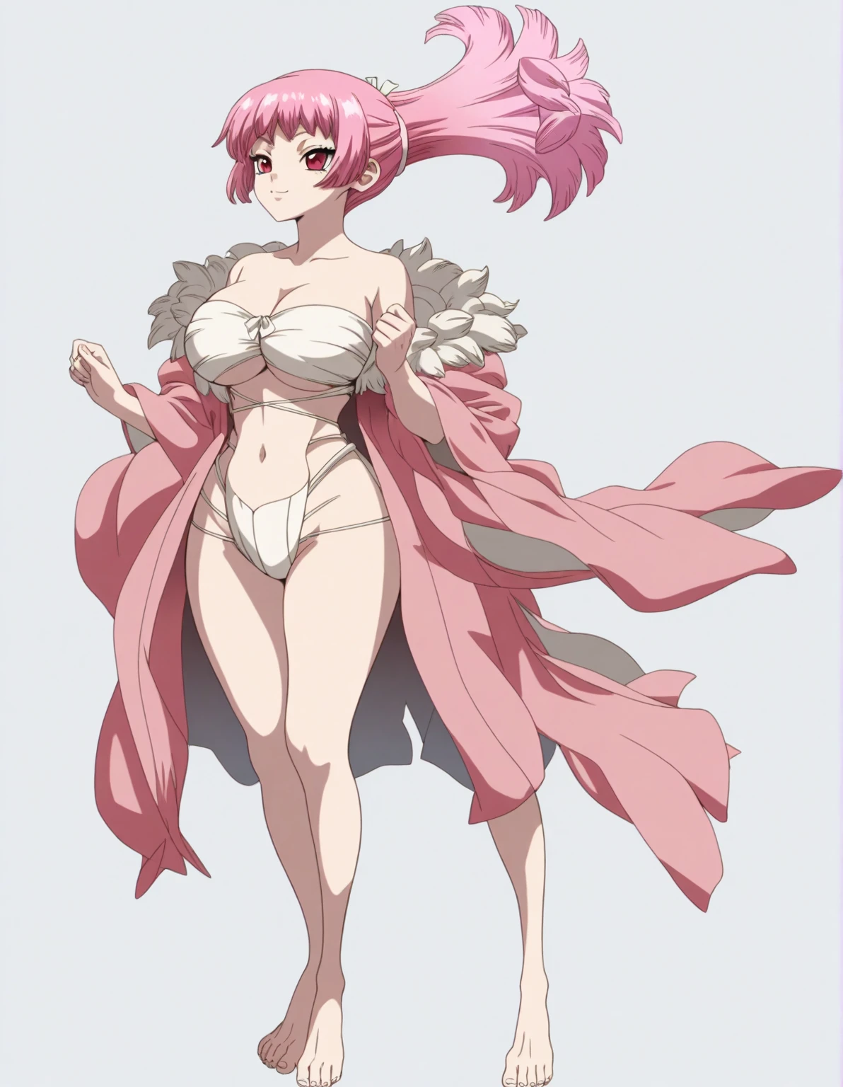 "(masterpiece:1.1), best quality,
1girl, (80s anime style:1.3), (eyelashes:1.5), (loli:1.2),
(intricate high detailed body:1.2),
pink hair, (bangs:1.1), (ponytail:1.1), (crown:1.2),
red eyes,
(dark skin:1.5), (curvy body:1.1), (gigantic breasts:1.1),
(angry, smile:1.2), open mouth,
(see-through leotard armor, criss-cross halter:1.2),
(fur:1.1), (earrings:1.1), necklace,
standing, dynamic pose,
(full body, looking at viewer, from front:1.1),
(daytime, grassland, outdoors:1.2)"