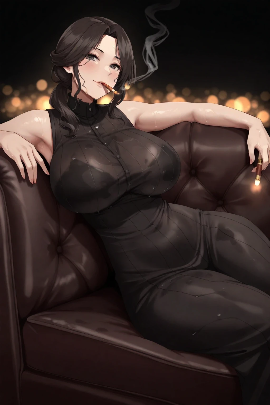 Mature woman, perfect eyes, long black hair, messy hair, low ponytail hair, yellow eyes, breasts, sexy woman, milf mother, tall woman, (tattoos on arm and chest), black lipstick, sexy pose, in the living room, sexy smile, beautiful body, gothic girl, (42 aged), clevage, elegant, big ass, black nails.