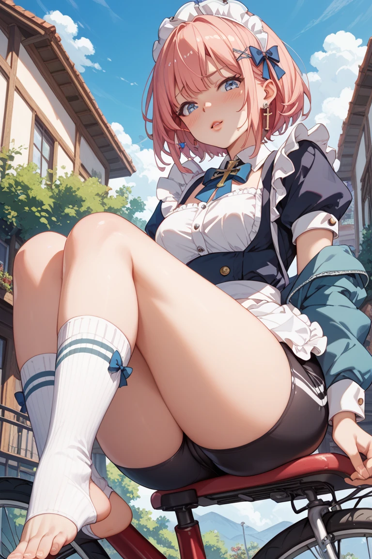 navy blue sweater、grin、smile、Little devil type、Underwear that&#39;s digging in、bimbo、Bulging underwear、The tongue is stuck in、crotch line、blonde、Sticking out of my underwear、plaid underwear、plaid skirt