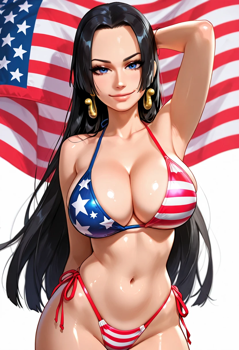 a ((native american woman)). She wears a (Canadian flag:1.3) themed swimsuit, maple leaf on her outfit. 1woman , curvy, slim waist. ((black hair)), long hair, tanned skin, brown eyes. (detailed eyes, detailed face), smile, red lips. Square jaw, high cheekbones, strong jaw line. Show her standing seductively on a beach