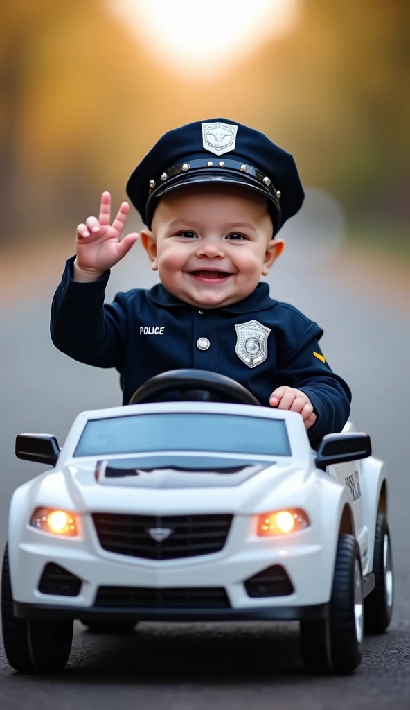 Create a scene where an adorable blonde royal baby is wearing an FBI outfit, and is riding in an FBI baby car parading down the runway, 4k motion camera