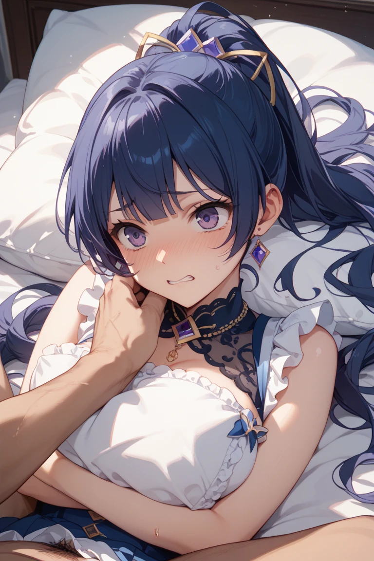 Keqing, genshin impact, 1girl, solo, breasts, cleavage, hair between eyes, messy hair, large breasts, long hair, looking at viewer, purple hair, purple short nails, purple eyes, hair ornament, solo, thighhighs, ((masterpiece)), maid dress, meidofuku, maid, skirt, stocking, ribbon, maid uniform, lying, lying on bed, bedroom, bed, pillow, window, night sky, blush, shy, smile, sexy pose, maid hair band, ear pierce, lip pierce, ear piercing, lip piercing, choker,