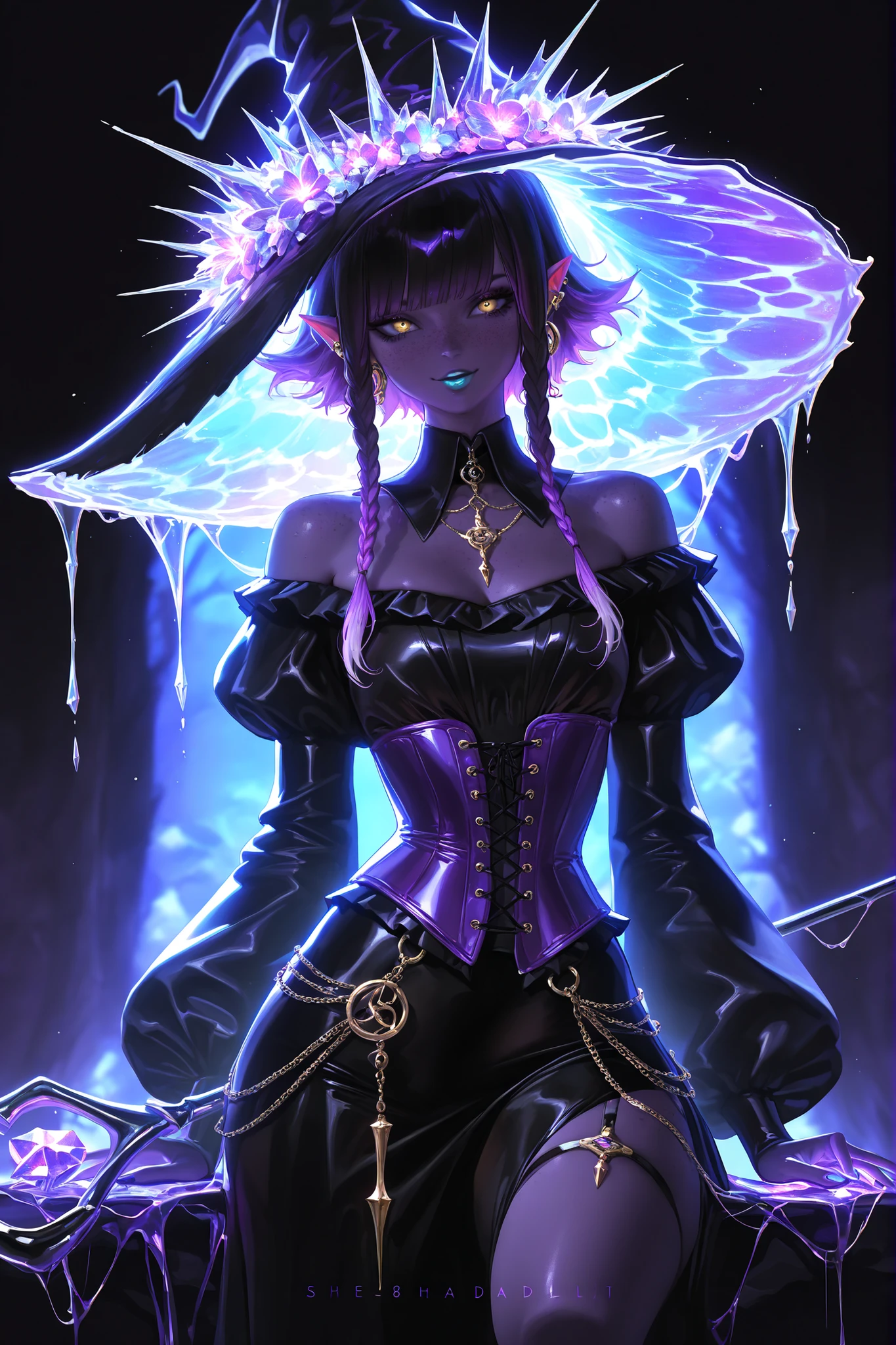 xxx667_illu,(tangobat:0.7),(Sakimichan:0.7),(High CT quality,4k,High resolution,main piece:2.3),(Very detailed,Realistic:1.37,Best quality,masterpiece, high resolution,on_body), (Tyndall effect,photorealistic, Edge lighting, Two-color lighting),(high definition skin:2.3), (8K UHD, DSLR quality, soft lighting, high quality, surround lighting, sincere, de 8K , 4K, 8K.) She has dark purple skin with freckles. she has pointy ears with gold earings. She has longest two tone TURQUOISE HAIR with dark purple highlights, her bangs are braided in sparse braids. she has yellow-amber eyes. TURQUOISE lipstick. She wears an off-the-shoulder black blouse with long black puffy sleeves, a purple corset, and a knee-length black skirt. On her head she wears a black flat wide-brimmed hat with lace. She holds a black cane with an amethyst in her hands. She holds a staff with a magic amethyst stone in her hand. On the background: cave, dungeon and mushroom grove. Bioluminescent flowers are growing. lots of huge colorful mushrooms as tall as a tree. The fern is in bloom.