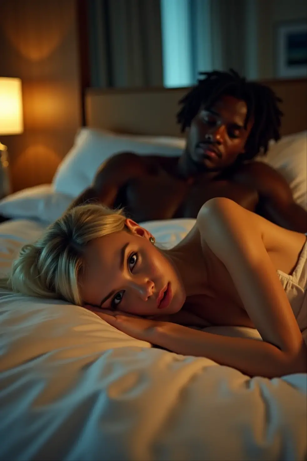 (Photorealsitic:1.4), (​masterpiece:1.3), (top-quality:1.4), ultrarealistic 
???? well proportioned, full body of 
((innocent and (????) little middle age woman and tall (muscular) black man )) , 
lycra black ????? , powerful haw, dreadlocks, detailed long dreadlocks,
she bright expression, extremely beautyful, amazing beautyful, Extraordinary beautiful, Detailed cute and beautiful face, perky small nose, Beautiful bangs, Glowing white shiny skin, Bangs that extend to the face,
(cozy night bedroom), 
alternative vibe,beautiful big blue eyes,freckles,  short ponytail blonde hair,tight body,
vibrant lighting, high contrast,dramatic shadows,highly detailed,detailed skin,depth of field,dynamic angle,glimmer lighting, film grain, 
woman (white transparent gauze gown, pink undies) 
man ?????, 
he lying on his back on bed, she mounted on his ????, he holding her legs, he kissing her neck  with desire, 5 fingers, passionate pose,