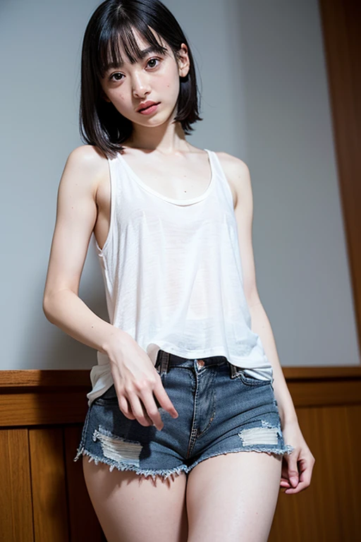 infp young woman、Female figure from the front from the top of the head to the thighs、low rise jeans、The navel is visible、The navel does not hide in jeans、Slender single-eyelid eyes、thin lipss、nose with nostrils not pointing upwards,,、skinny、thin lipss、 The woman's face is clearly visible、Constricted waist、face facing front、 elongated eyebrows、The top of the head is not hidden、adult lady、slender but well-proportioned body,,、Both eyes are not hidden by the hair、Hair growing around the arms and navel、Shave marks on the sides、The navel is visible、a smile、Short shirt、Boyish shorthair、Suppin's face