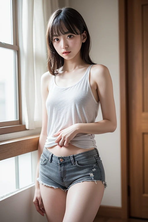 raw photo, 8k, (top-quality), Realistic, (real picture, Intricate details), (natural skin texture, detailed skin, hyper realism, sharpness), (Japanese college girl standing in an abandoned apartment building, hands behind head, armpits exposed, showing armpits), ((white tight tank top, Distressed denim pants, low rise baggy  pants)), (((Small chest:1.4))), Fair skin, sweaty skin, ((Wavy long hair, One-length hairstyles)), (#dolly, neat face, Parted lips, glasses), Room being demolished, dusty room, cracked wall, Messy floor, Pile of rubble:1.3, broken window, cracked Window glass, Hard lighting:1.3, sunset light, Full body shot