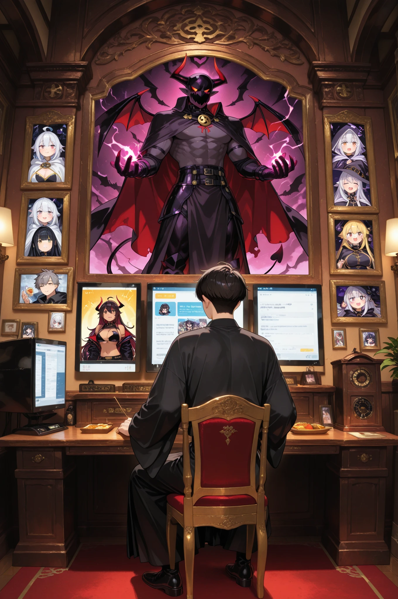 high school student summoning a demon with his arm laptop for the battle, in the cathedral of shadows, shin megami tensei style, Masayuki Doi style