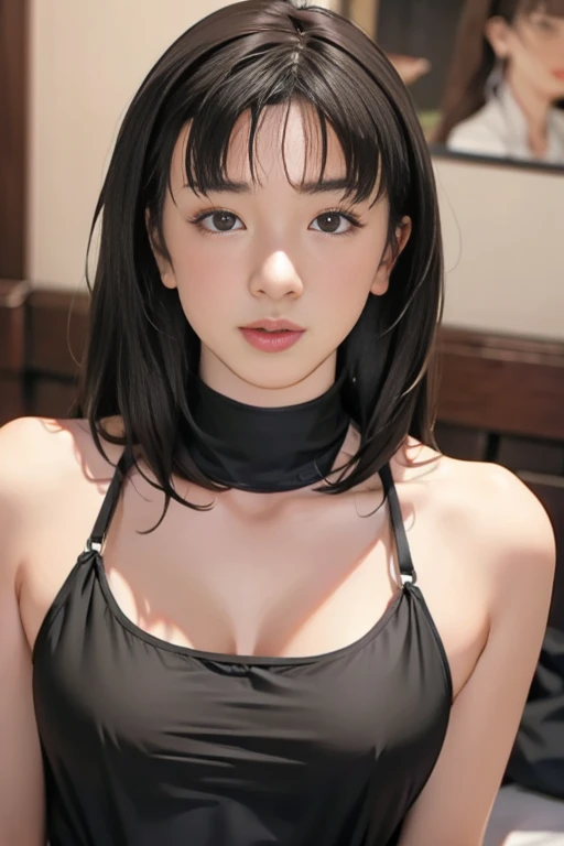 Top Quality, Ultra High Definition, (Photorealistic: 1.4), 1 Girl, Off-Shoulder White Shirt, Black Tight Skirt, Black Choker, (Faded Ash-Gray Hair: 1), (Huge: 1.2), Look Viewer, Close Up, Thousand-Hands