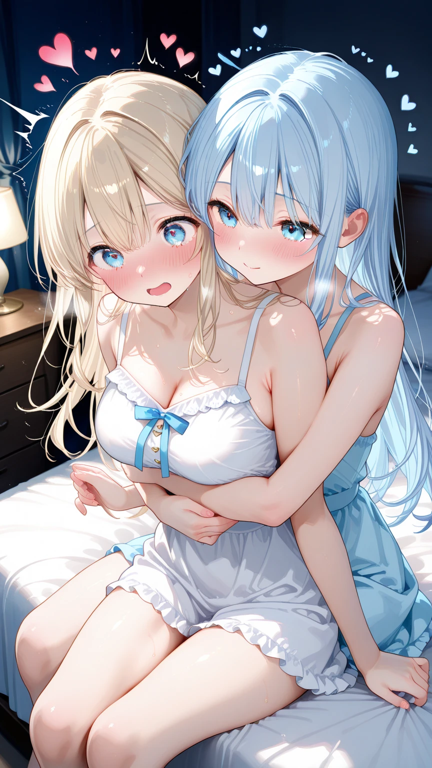 Beautiful long blonde nude girl 2girls Breast sucking Girl with long silver hair On the bed Shyness