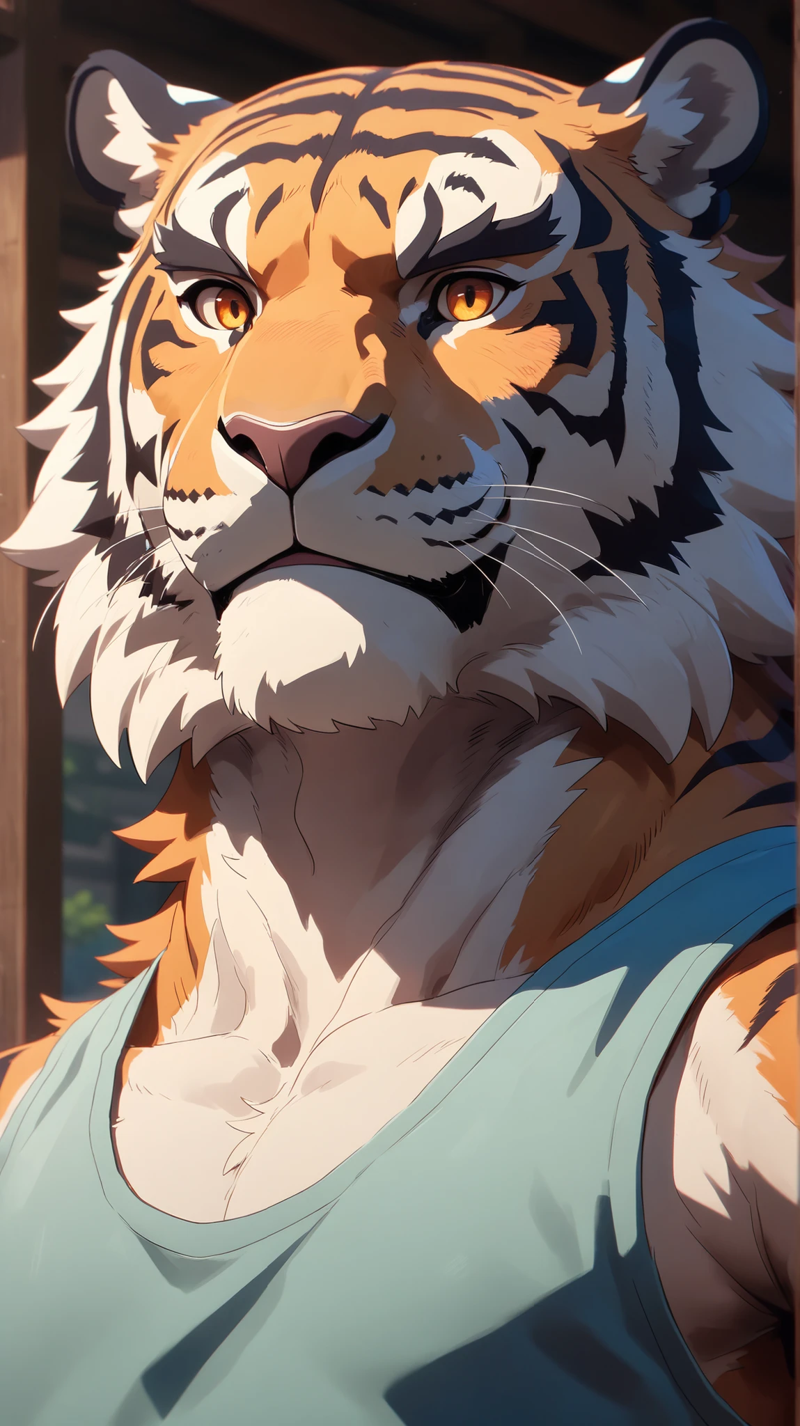 author：jijis-waifus,(author：pgm300:0.5),best quality,masterpiece,forest,box,sit,Solitary,aldult,muscular male,male,tiger,Cats,short hair,White hair,blue eyes