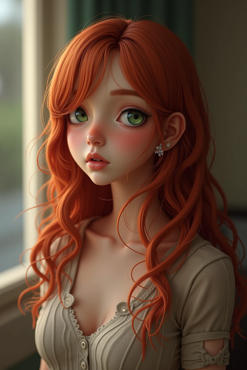 there is a woman with long red hair posing for a photo, a picture of Emma Andijewska, tumblr, realism, with curly red hair, she has long redorange hair, anna nikonova aka newmilky, with red hair, she has long orange brown hair, portrait of girl, pia sadie, with pale skin, with long red hair