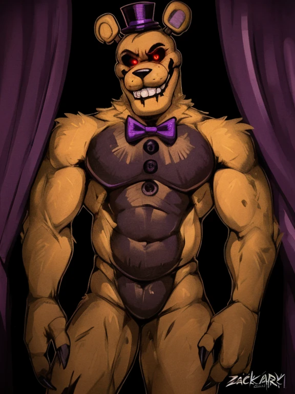 Male, solo, anthro, ((Nightmare Fredbear)), ((standing)), very detailed lighting, ((very detailed fur texture)), very detailed, very high quality, very high resolution, Dilf, Daddy, father figure, mature male, hunk, pecs, ((furred body)), ((very detailed hands)), ((very well drawn hands)), ((bear)), ((by zackary911)), ((bedroom)), ((large Penis)), ((very detailed Penis)), ((very detailed balls))