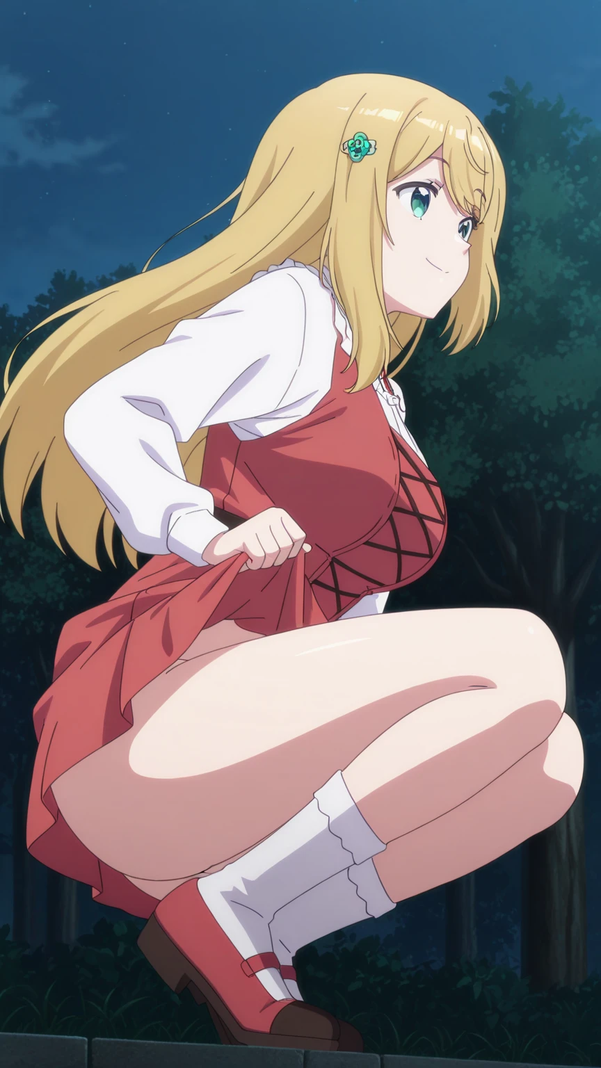 anime art style, 2d, masterpiece, best quality, very aesthetic, absurdres, dynamic shadows, atmosferic, elinalisedragonroad, (1girl), blonde hair, long hair, drill hair, (red eyes), narrowed eyes, detailed eyes, pointy ears, ahoge, hair between eyes, bangs, big breasts, makeup, ((curvy body)), sweat, sexy, cleavage, student uniform, red miniskirt, white shirt, (red tie), (high heels), clothes lift, torn clothes, nipples, ahegao, tongue, saliva, ((full body)), (hands on own nipples), sitting, spread legs, from below, chair, (night), (sky), (clouds), (forest), looking at viewer