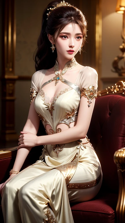 (masterpiece:1.2, highest quality), realistic, (real picture, intricate details, Depth of the bounds written,golden high neck dress), parted lips, very detailed, perfect face, perfect body, plum model,indoor background,transparent nipples, mature woman, expensive, long legs, Separate top and bottom costumes,embellished costume,
natural bokeh background,Costume with nice chest, The lower body is only underwear,Only the upper body is dressed,random hairstyles