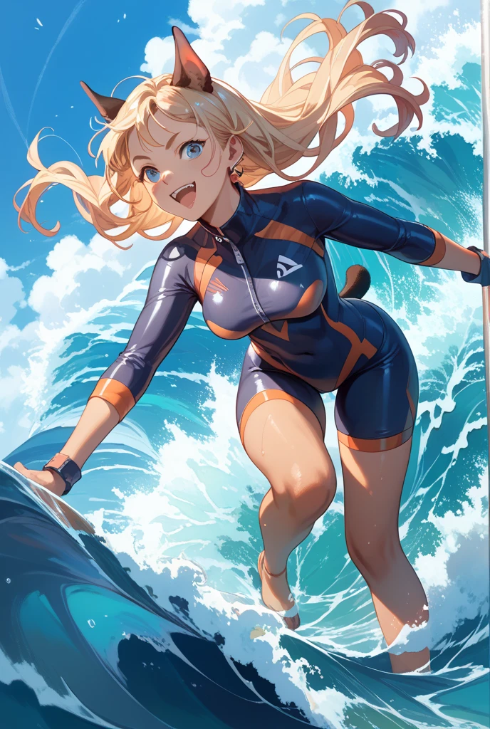 (Best Quality,8K,hight resolution,masuter piece:1.2),Ultra-detailed,Realistic:1.37,Portrait,Dynamic Angle,(Female Surfer ) ,Teenage girl,small head,Cute,Sporty,Charming face,Detailed beauty face,Very realistic skin,Wet skin,Sweat,Large breasts,Trained abs,nice legs ,Sporty,Surfing Competition Venues ,Cinematic lighting,