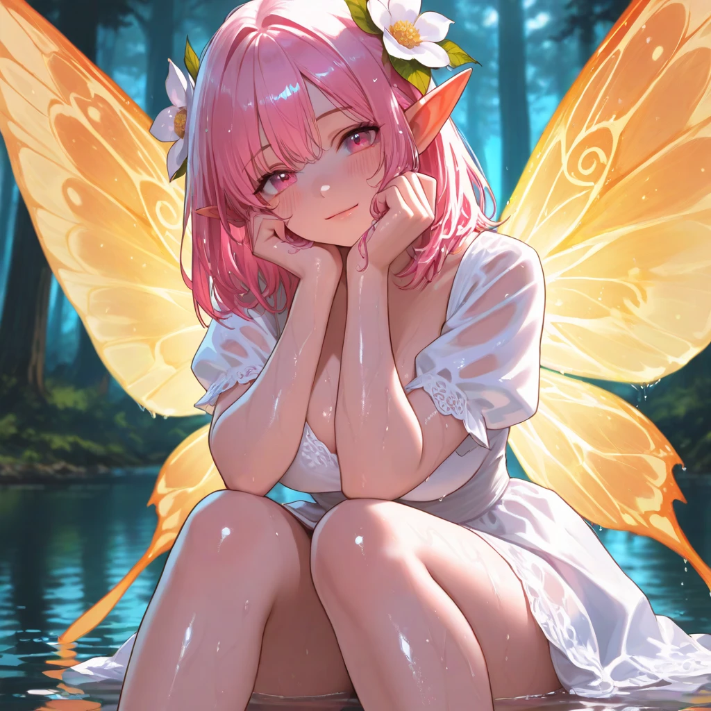 nfsw, naked, bare breast, ((8k,masterpiece,best quality)),ultra high res, best shadows, illustration, beautifully detailed eyes, (1 girl), fairy girl, wet, (fairy wings:1.2), (firefly), sparkle, bed of flowers, (river:1.2), forest, fluffy hair, big breast, long hair, <lora:taiwanDollLikeness_v10:0.2>