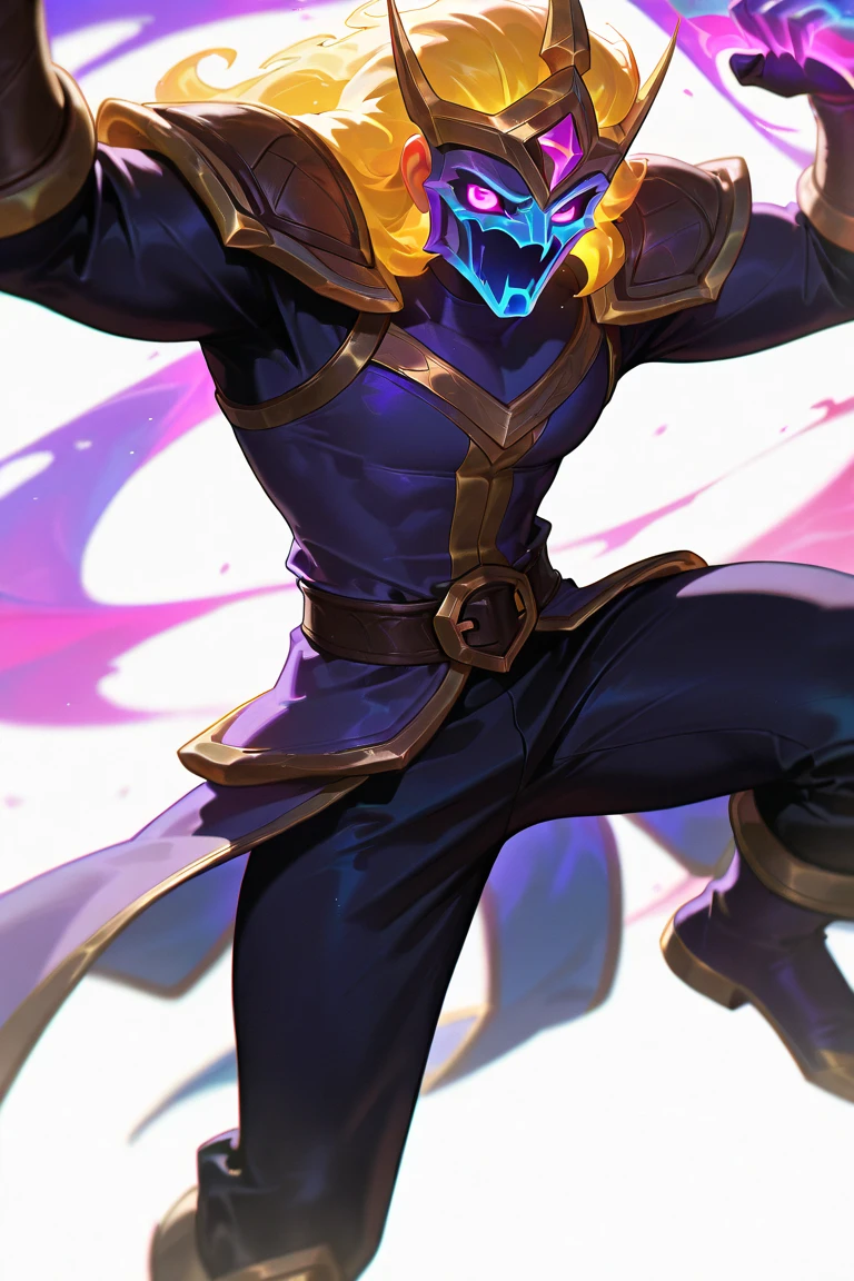 masculine male, masterpiece, ((perfect eyes)) best quality, (semirealism:1.9), beautiful lighting, (extremely detailed CG unity 4k fhd wallpaper), High Detail, Sharp focus, dramatic outdoors,40 years old, brown short hair, blue eyes, smile, Boy with two big horns, big earrings on ears, elf ear, red eyes, Thick eyebrows, evil smile, grinning,red body, red face, Burning skin, yellow diamonds glistening on chest, burning red skin,golden robe behind, big white belt , 8k , realistic, scary.