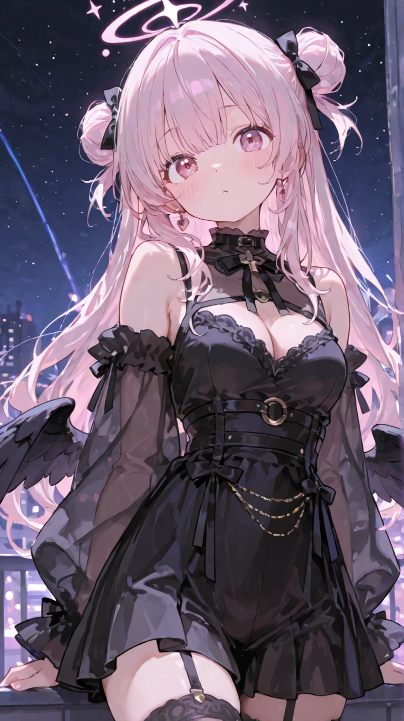((masterpiece, best quality)), 1girl, long hair, solo, dress, red eyes, looking at viewer, long sleeves, standing, building, white dress, gloves, hair ornament, black jacket, smile, floating hair, closed mouth, looking away, outdoors, (Half naked:1.2), (Medium breast:1.5), (Half stripping:1.2), (dutch angle:1.2), (Open Navel:1.2), Slim Waist,, Starry sky, Blush, Shy, nose blush, beautiful hands, perfect hands, fingernails <lora:starlight:0.3> <lyco:symmetrical docking orgy:0.25> <lora:GrullBorgR8V4:0.3>, (Put your hands around your chest:1.2)