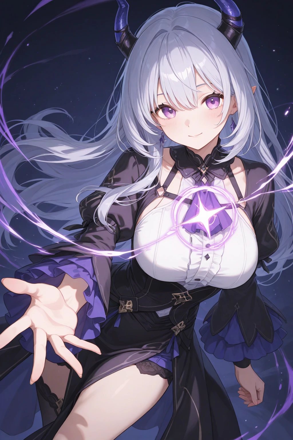 1 solo (thin little wizard) standing with floating magic circle, magic circle surrounding her waist, disproportionately gigantic huge breasts, cleavage, too short black high-waist skirt constrict thin waist, inky-black thighhighs, (thin long legs), absurdly long straight white hair, frilled white shirts with open chest wide, short black capelet