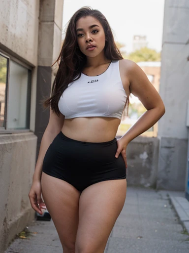 nsfw,(tanned skin:1.3), japanese cheerful girls,sport short pants,white long t-shirt,mascular and curvy thighs,(adult curvy body),legs focus,sandals,from side,lowerbody,sitting on bench